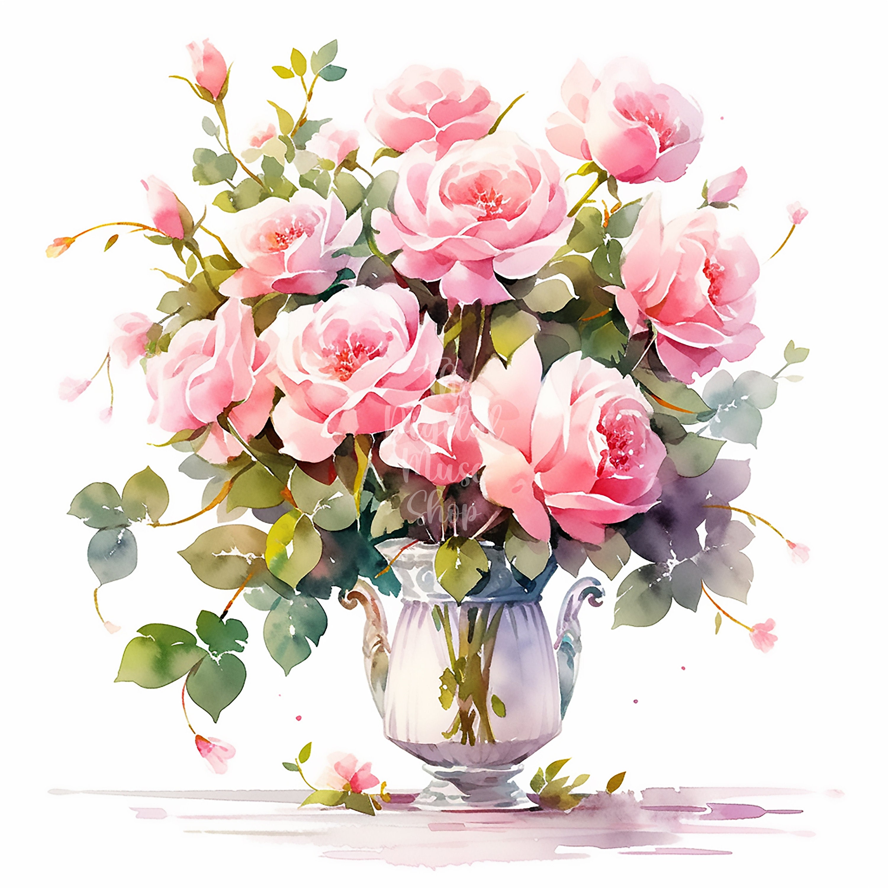 Vase of Flower Clipart Pink Roses Clipart Watercolor Flowers Clipart ...