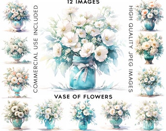 Turquoise Vase Of Flowers Watercolor Clipart, 12 High Quality JPGs, Clip Art Watercolor, Digital Paper Craft, Flowers Clipart Bundle