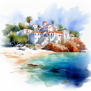 May include: A watercolor painting of a whitewashed village on a rocky cliff overlooking a turquoise bay. The village has red tile roofs and palm trees. The beach is sandy and there are two small boats on the water.