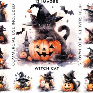 Halloween Witch Cat Clipart, 12 High Quality JPGs, Watercolor Clipart, Witch Clipart, Black Cat Clipart, Halloween Clipart, Scrapbook