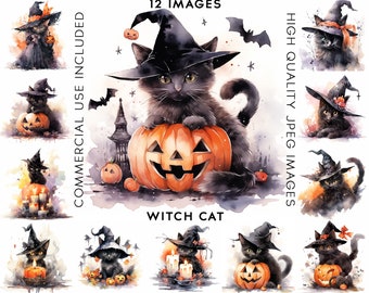 Halloween Witch Cat Clipart, 12 High Quality JPGs, Watercolor Clipart, Witch Clipart, Black Cat Clipart, Halloween Clipart, Scrapbook