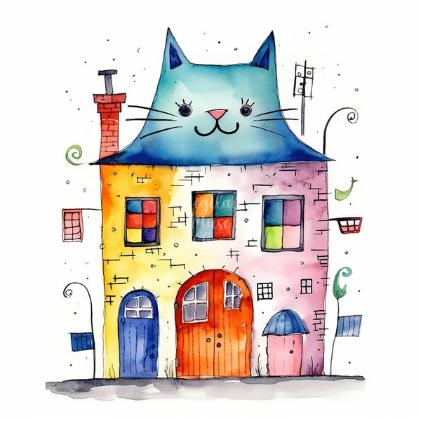 Quirky House Cat Clipart, 12 High Quality JPGs, Watercolor House Clipart, Digital Paper Craft, Card Making, Scrapbook, Digital Junk Journal