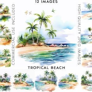 Tropical Beach Clipart, 12 High Quality JPGs, Watercolor Clipart, Summer Clipart , Clip Art Watercolor, Beach Clipart, Sea Clipart, Palms
