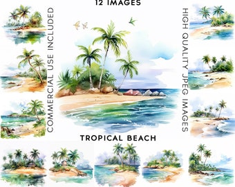 Tropical Beach Clipart, 12 High Quality JPGs, Watercolor Clipart, Summer Clipart , Clip Art Watercolor, Beach Clipart, Sea Clipart, Palms