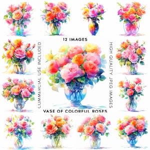 Vase Of Flower Colorful Roses Clipart Watercolor Flowers Clipart Commercial Use Flowers Clip art Roses Clip Art Card Making 12 Jpgs