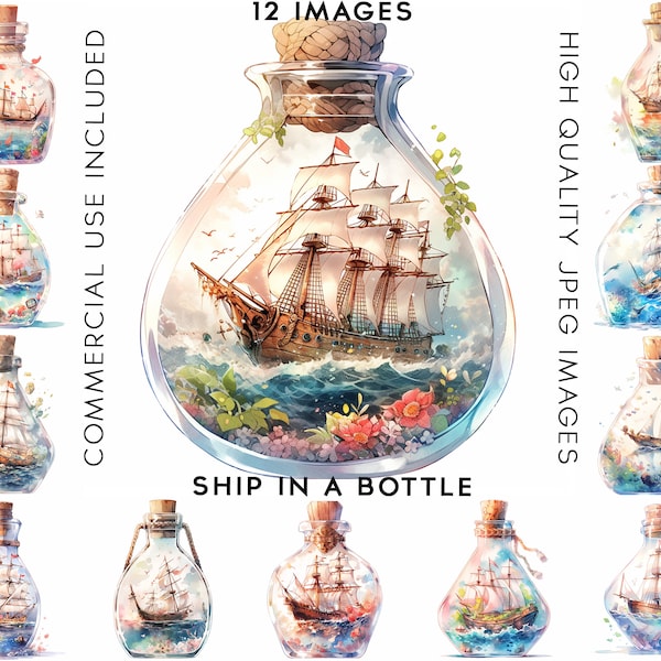 Ship In A Bottle Watercolor Clipart, 12 High Quality JPGs, Watercolor Clipart, Digital Paper Craft, Boats Clipart, Sea Clipart, Boat Clipart