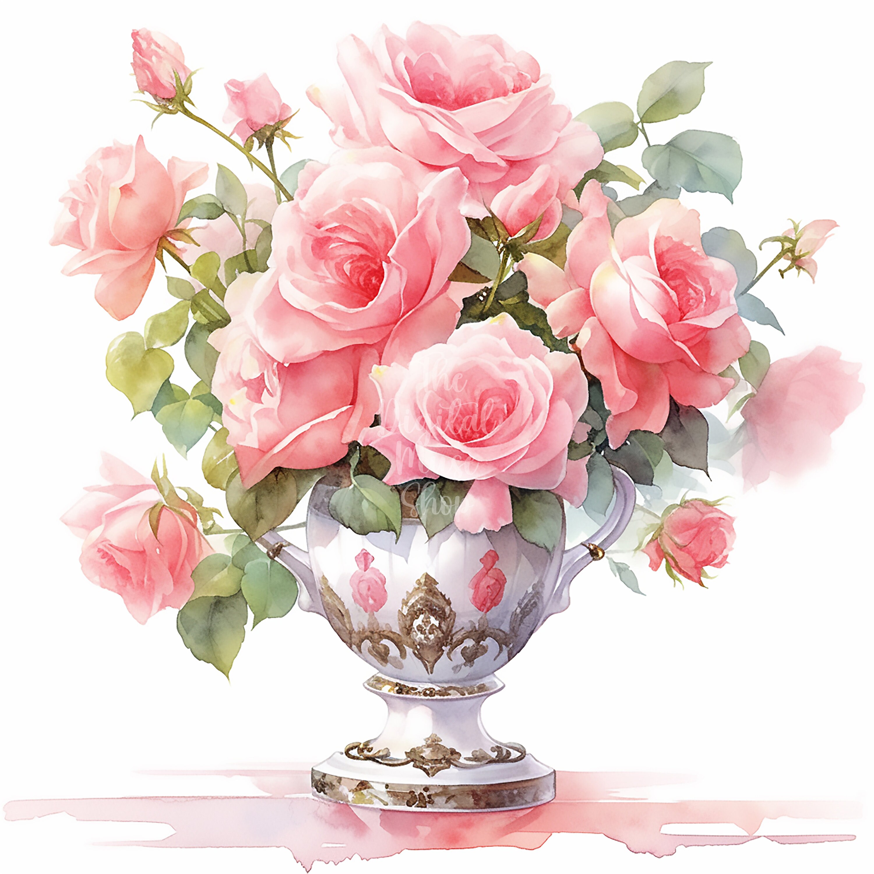 Vase of Flower Clipart Pink Roses Clipart Watercolor Flowers Clipart ...