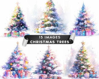 Christmas Tree Clipart, Christmas Trees Clipart Watercolor Clipart Digital Planners Scrapbooking Junk Journals  15 High Quality JPGs