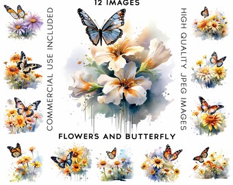 Butterfly and Flowers Clipart, 12 High Quality JPGs, Clip Art Watercolor, Digital Paper Craft, Flowers Clipart Bundle, Butterfly Clipart