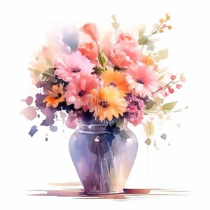 Op de afbeelding: Een aquarel van een boeket roze, oranje en gele bloemen in een glazen vaas. De bloemen zijn in een losse, natuurlijke stijl gerangschikt en de vaas staat op een wit oppervlak.