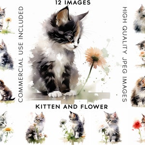 Kitten With Flower Clipart, 12 High Quality JPGs, Watercolor Clipart, Digital Download, Card Making, Cats Clipart, Kitten Clipart, Cute