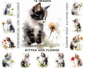 Kitten With Flower Clipart, 12 High Quality JPGs, Watercolor Clipart, Digital Download, Card Making, Cats Clipart, Kitten Clipart, Cute