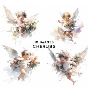 Floral Cherubs Clipart, 10 High Quality JPGs Watercolor Clipart Scrapbooking Art Card Making Cherub Clipart Angel Clipar Flowers Clipart