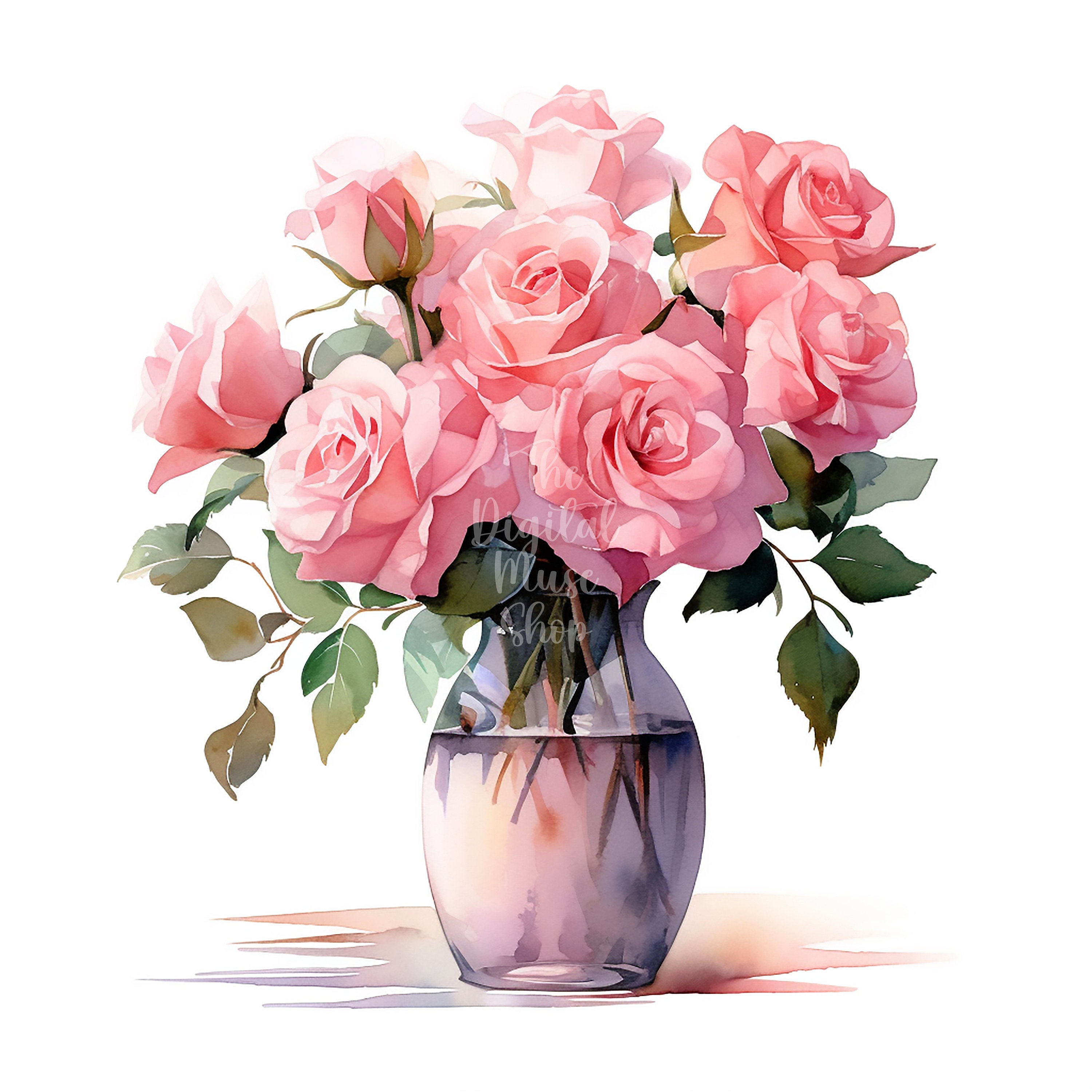 Vase of Pink Roses Clipart Watercolor Flowers Clipart Commercial Use ...