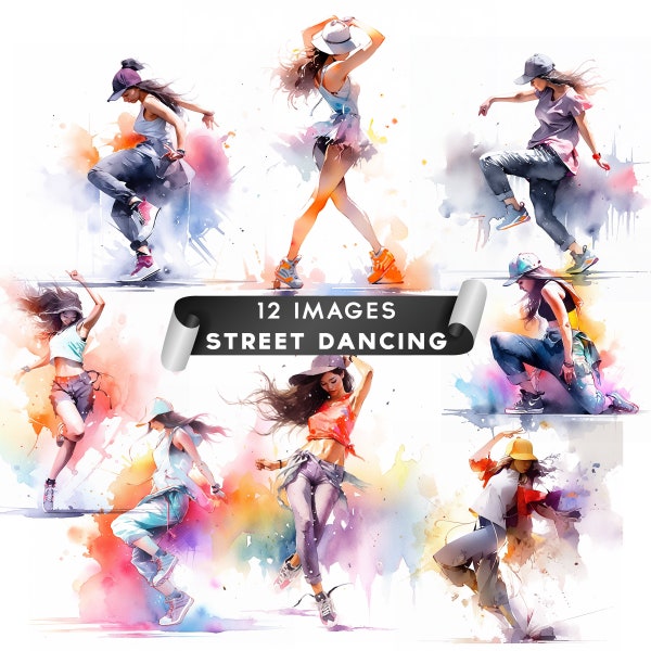 Street Dancing Clipart, Watercolor Dancer Clipart Girl Illustration Woman Dancing Card Making Scrapbooking Junk Journal  12 JPGs