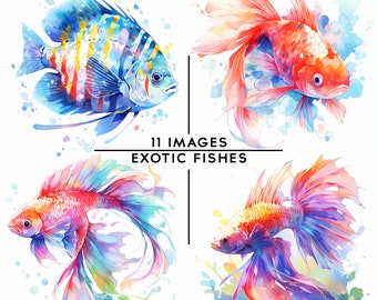 Exotic Fish Clipart, 15 High Quality JPGs Commercial Use Mixed Media Fishing Clipart Nautical Clipart Fish Digital Download Card Making