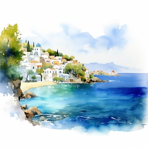 May include: A watercolor painting of a whitewashed village on a hillside overlooking a blue sea. The village is built on a rocky cliff and has a few trees and a small beach. The sky is a light blue with some white clouds.