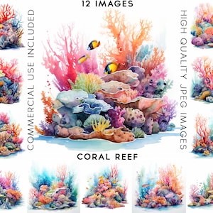 Watercolor Coral Reef Clipart, 12 High Quality JPGs, Clip Art Watercolor, Digital Paper Craft, Coral Clipart, Sea Clipart, Ocean Clipart
