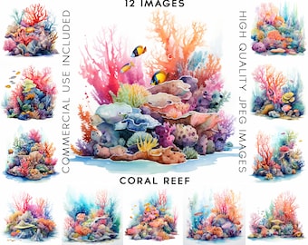 Watercolor Coral Reef Clipart, 12 High Quality JPGs, Clip Art Watercolor, Digital Paper Craft, Coral Clipart, Sea Clipart, Ocean Clipart