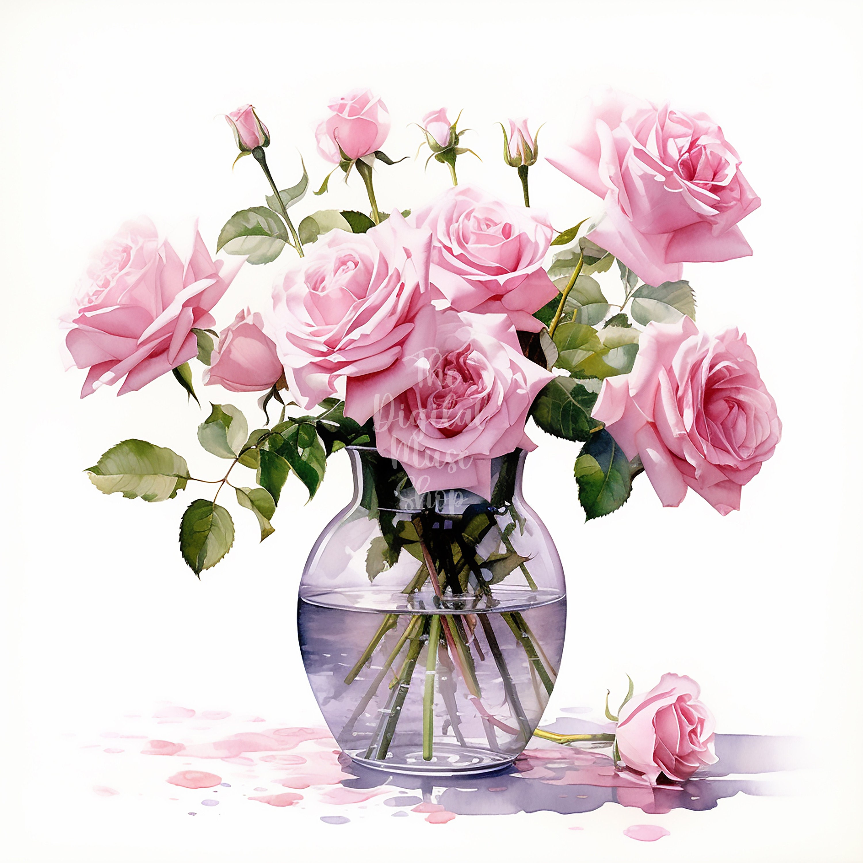 Vase of Pink Roses Clipart Watercolor Flowers Clipart Commercial Use ...