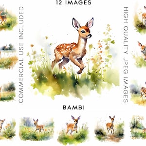 Bambi Clipart, 12 High Quality JPGs, Watercolor Clipart, Digital Crafting, Scrapbook Images, Clipart Animal, Bambi Clip Art, Cute Clipart