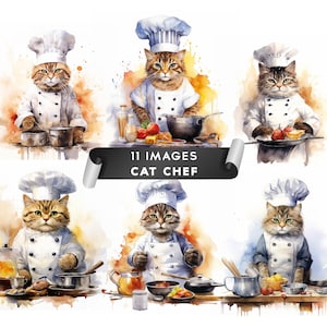 The Chef Cat Clipart, Chef Clipart Watercolor Clipart Digital Art Card Making Scrapbooking Junk Journals Digital Kitten Clipart  11 JPGs
