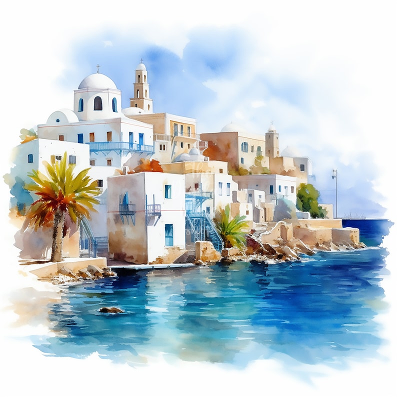 May include: A watercolor painting of a whitewashed village on a Greek island. The buildings are clustered together on a hillside overlooking the blue Aegean Sea. Palm trees and rocky outcroppings add to the picturesque scene.