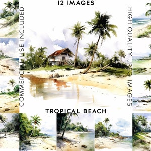 Tropical Beach Clipart, 12 High Quality JPGs, Watercolor Clipart, Summer Clipart ,Tropical Clipart, Beach Clipart, Sea Clipart, Palms