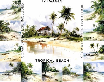 Tropical Beach Clipart, 12 High Quality JPGs, Watercolor Clipart, Summer Clipart ,Tropical Clipart, Beach Clipart, Sea Clipart, Palms