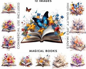 Magical Books Clipart, 12 High Quality JPGs , Watercolor Clipart , Digital Download, Card Making , Books Clipart, Book Clipart