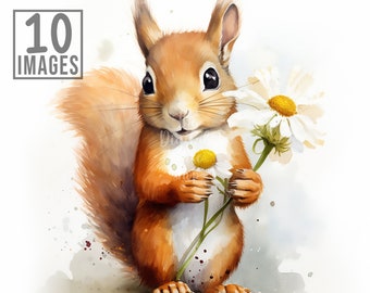Squirrel With Flowers, 10 High Quality JPGs, Card Making, Mixed Media, Digital Planner, Junk Journals, Watercolor, Commercial Use