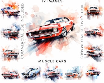 Muscle Cars Clipart, 12 High Quality JPG, Commercial Use, Card Making, Mixed Media, Digital Paper Craft, Cars Clipart, Car Clipart
