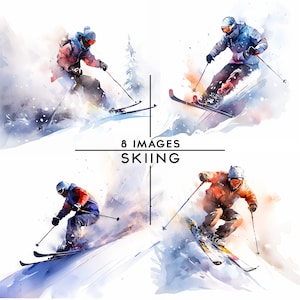 Ski Clipart, 8 Watercolor Images Skiing Art Clipart Skiing Clipart Skier Clipart Winter sport Ski Illustration Winter Clipart Mountain