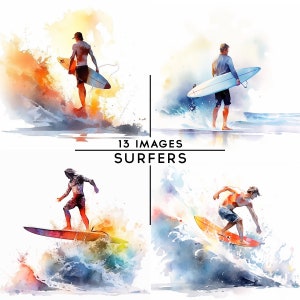 Surfer Clipart Watercolor Surfing Clip Art Bundle Beach Illustration Digital Wall Art Card Making Scrapbooking Junk Journal 13 Quality JPGs
