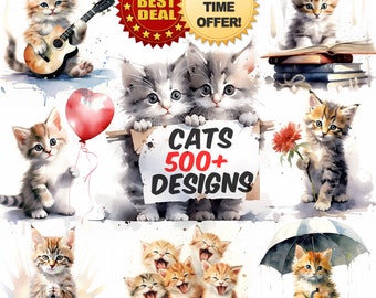 Cat Mega Bundle, 500+ Cat Clipart Bundle Watercolor Clipart Cat Lover Cats for Scrapbooking Kitten Clipart Bundle Clipart Set Digital