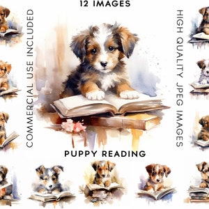 Puppy Reading Clipart, 12 High Quality JPGs , Watercolor Clipart , Digital Download, Card Making , Books Clipart, Puppy Clipart Watercolor