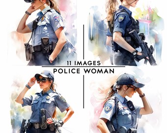 Police Woman Clipart, 11 High Quality JPGs Watercolor Clipart Police Clip art Scrapbooking Card Making Police Man Clipart Police Force