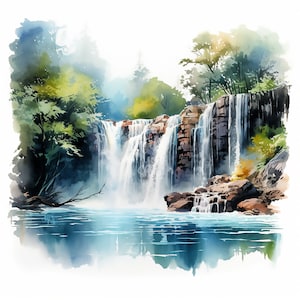 Waterfalls Clipart, 12 High Quality JPGs, Watercolor Clipart, Waterfall Clipart, watercolor Nature Clipart, Landscape Nature Clipart