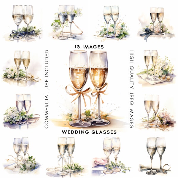 Wedding Glasses Clipart Champagne Glasses Clipart Wedding Congratulations Clipart Watercolor Wedding Element Clipart 12 High Quality JPGs