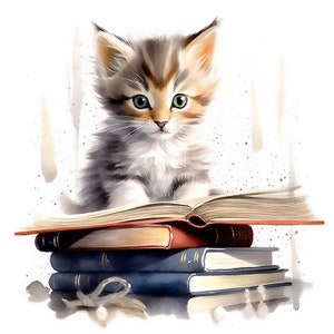 Kitten and Books Clipart - 10 High Quality JPGs - Watercolor Clipart -  Digital Download - Card Making - Books Clipart - Cats Clipart