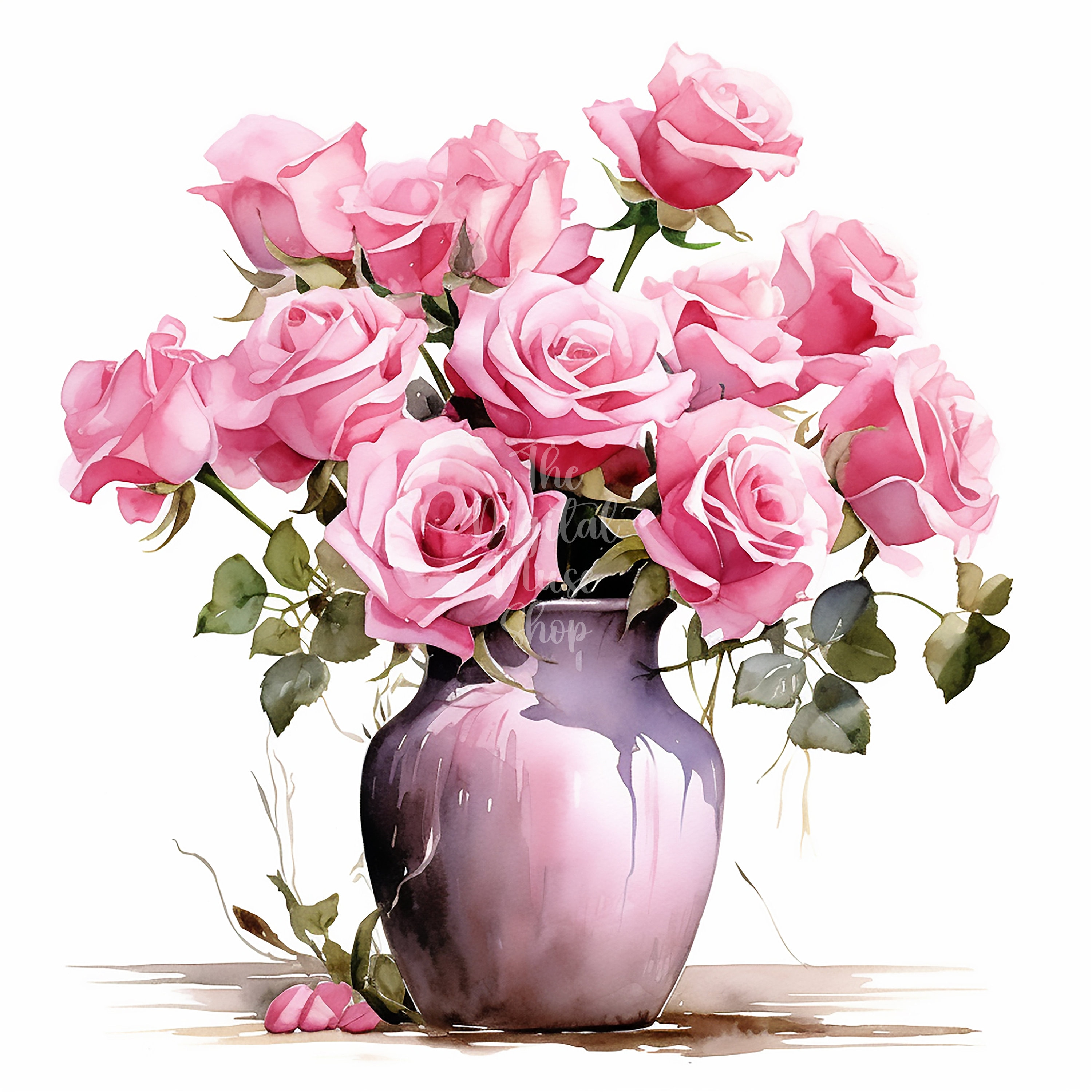 Vase of Pink Roses Clipart Watercolor Flowers Clipart Commercial Use ...