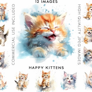 Happy Kittens Playing, 12 High Quality JPGs, Watercolor Clipart , Digital Art, Card Making, Cats Clipart, Kittens Clipart, Kitten Clipart