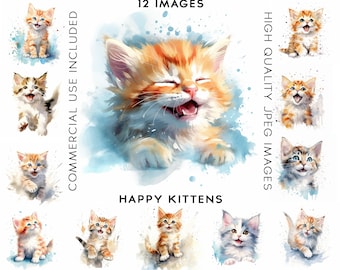 Happy Kittens Playing, 12 High Quality JPGs, Watercolor Clipart , Digital Art, Card Making, Cats Clipart, Kittens Clipart, Kitten Clipart