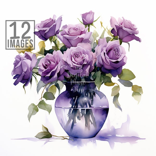 Vase of Purple Roses Clipart Watercolor Flowers Clipart Commercial Use Flowers Clip art Roses Clip Art Card Making Mixed Media 12 Jpgs