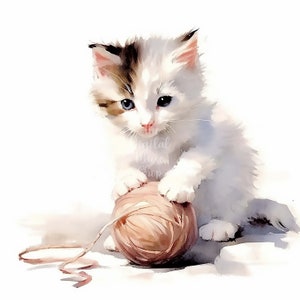 Kitten Playing With Yarn Clipart - 10 High Quality JPGs - Watercolor Clipart -  Digital Download - Card Making, Mixed Media