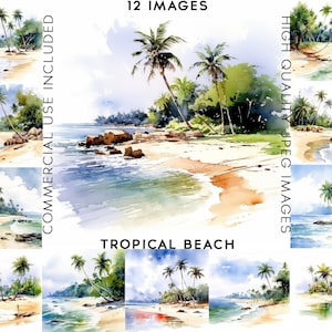 Watercolor Tropical Beach Clipart, 12 High Quality JPGs, Watercolor Clipart, Summer Clipart , Palms Clipart, Beach Clipart, Sea Clipart