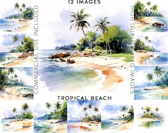 Watercolor Tropical Beach Clipart, 12 High Quality JPGs, Watercolor Clipart, Summer Clipart , Palms Clipart, Beach Clipart, Sea Clipart