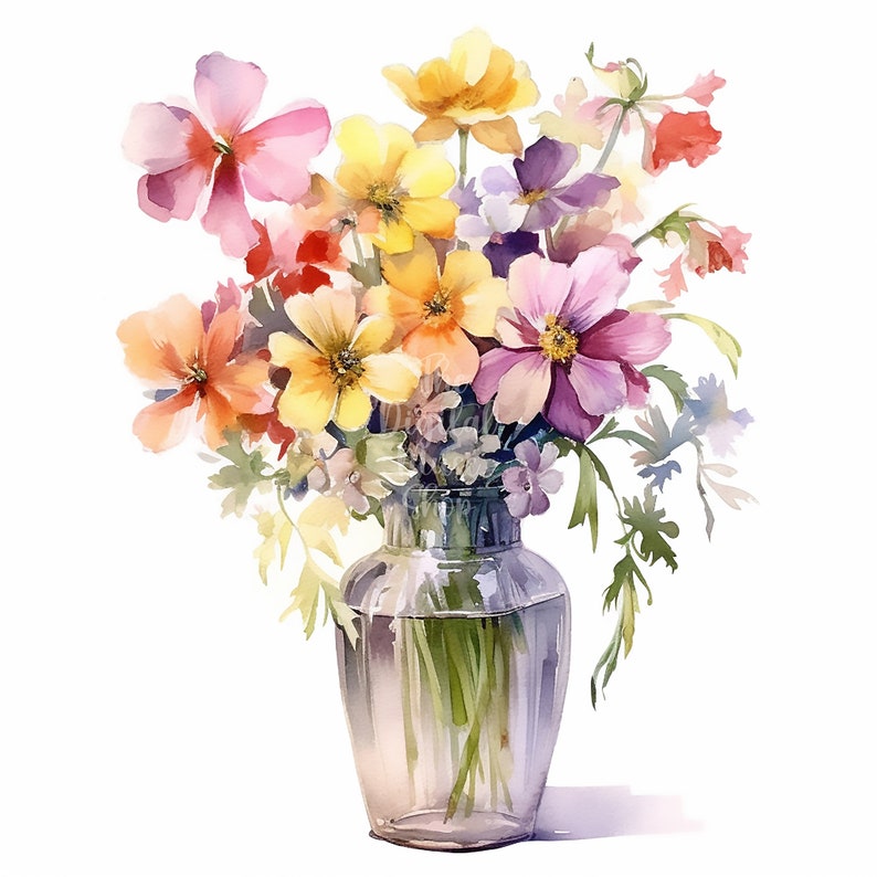 Op de afbeelding: Een aquarel van een boeket roze, gele en oranje bloemen in een heldere glazen vaas. De bloemen zijn in een losse, natuurlijke stijl gerangschikt en de vaas is eenvoudig en elegant.