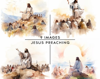 Jesus Preaching Clipart, 9 High Quality JPGs Watercolor Clipart Religion Clipart Card Making Scrapbooking Digital Paper Craft Cloud