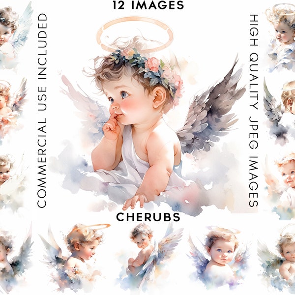 Cherubs Clipart, 12 High Quality JPGs, Watercolor Clipart , Digital Art, Card Making, Cherub Clipart, Angel Clipart, Angels Clipart